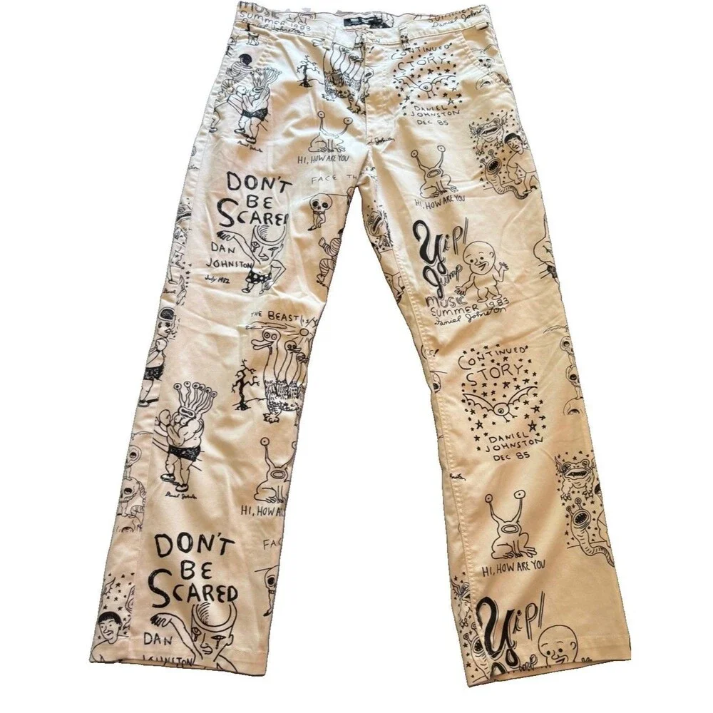 Vans Daniel Johnston Chino Pants Mens 36x31.5 Off White Graphic Loose Fit Skate
